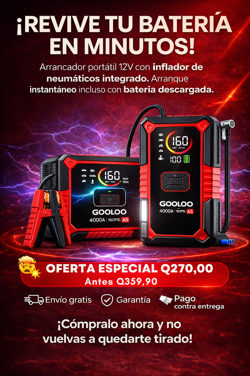 Arrancador de Bateria Portátil 12V para Auto - Jumper Starter con Power Bank y Luz LED