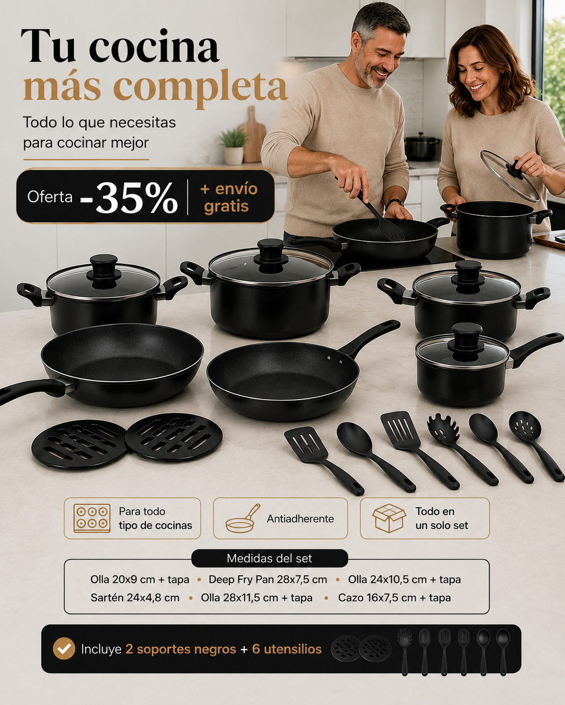 Batería Cocina Ollas 13 Piezas Utensilio + Libro de Cocina