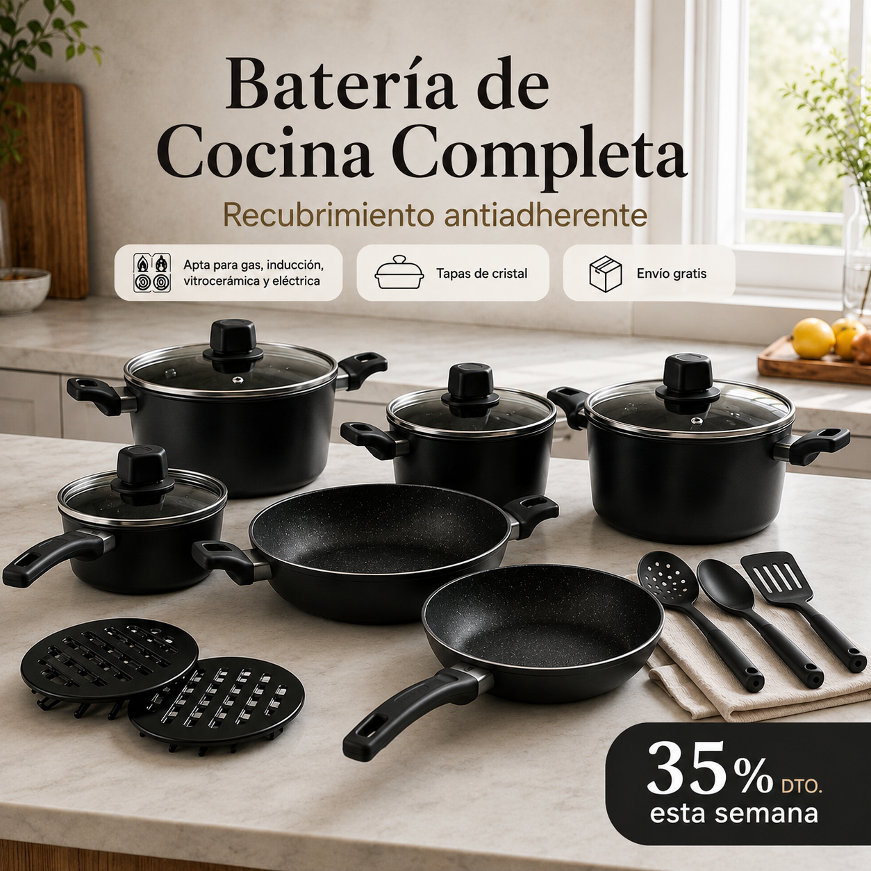 Batería Cocina Ollas 13 Piezas Utensilio + Libro de Cocina