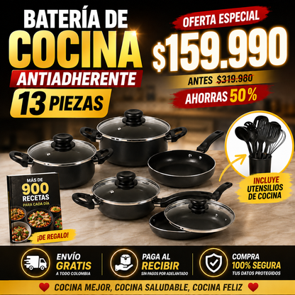 Batería Cocina Ollas 13 Piezas Utensilio + Libro de Cocina con Más de 900 Recetas